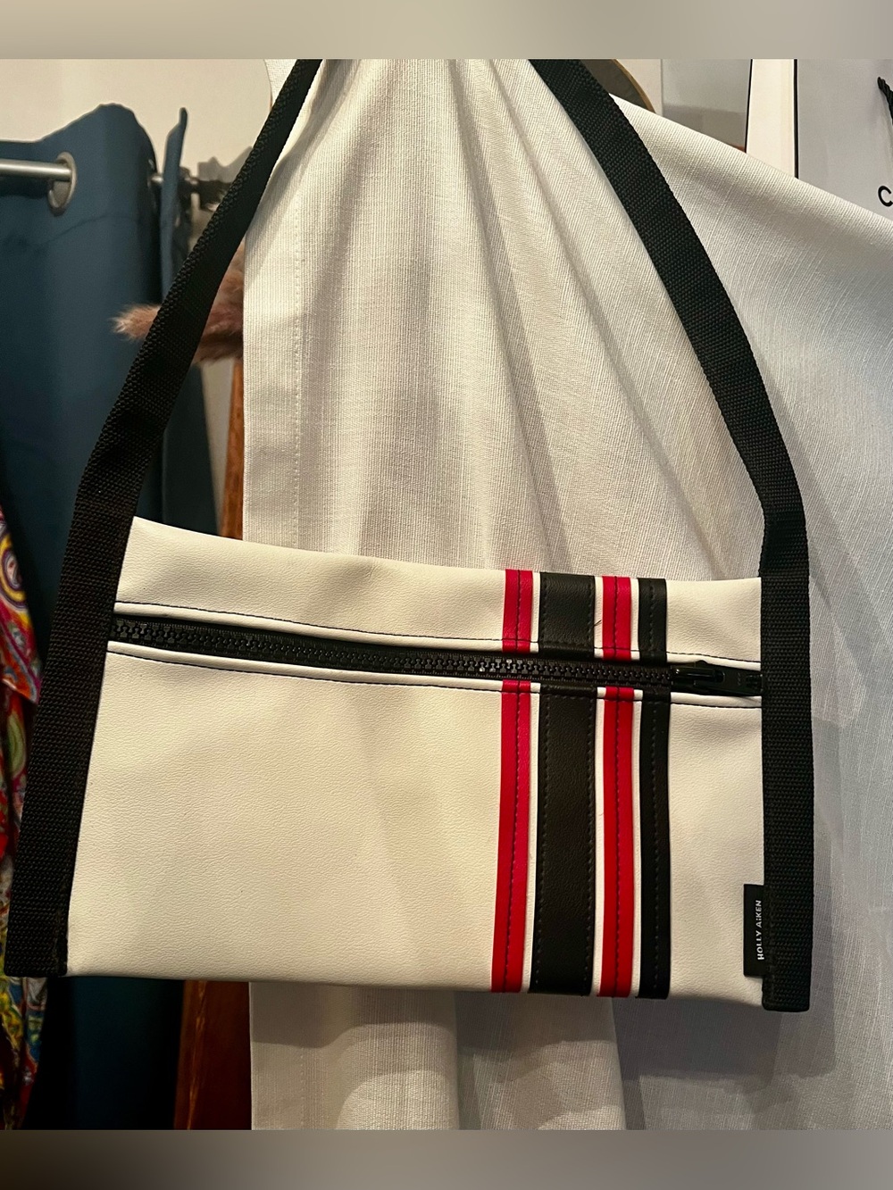 Holly Aiken Coupe Purse Shoulder Bag Zipper White Moto Vinyl Red Black Stripe